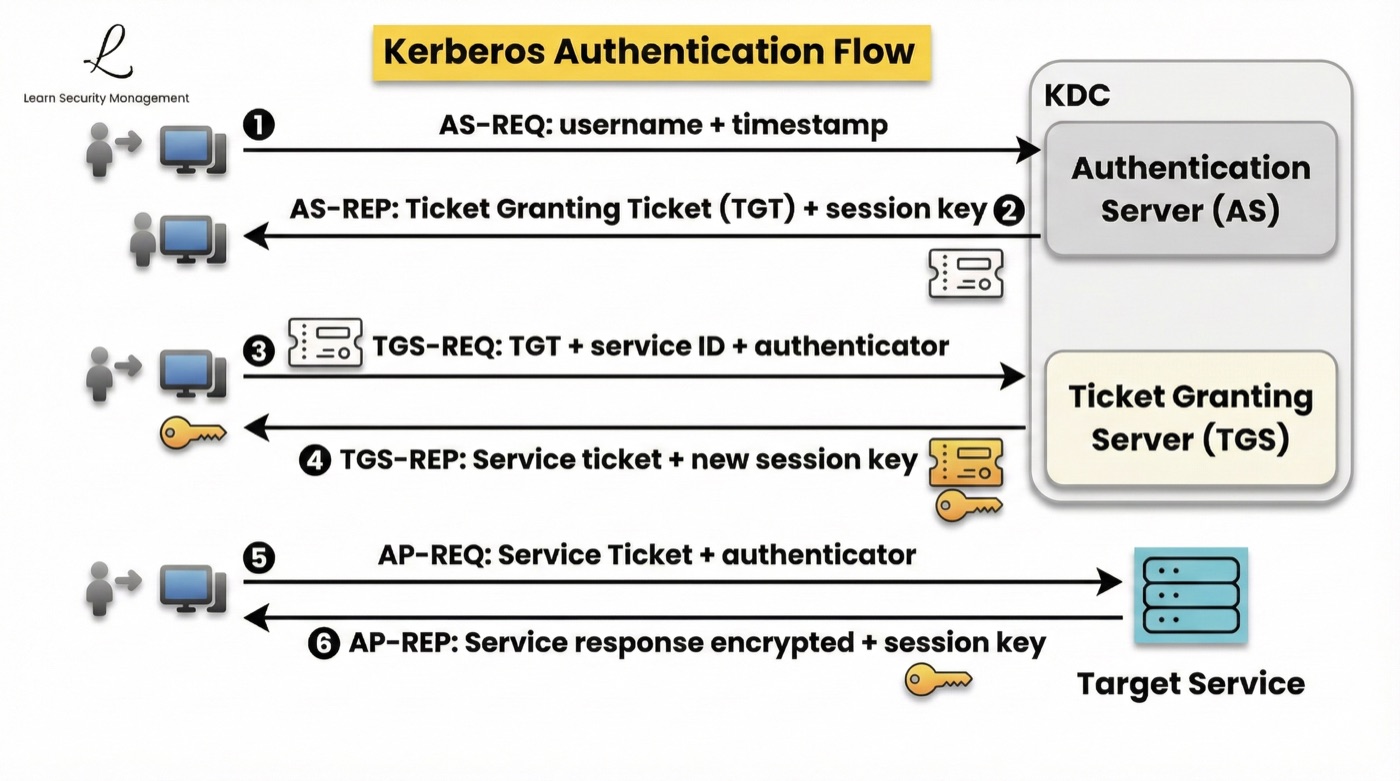 Complete Kerberos authentication flow showing the AS exchange, TGT issuance, TGS exchange, and service ticket usage in normal authentication